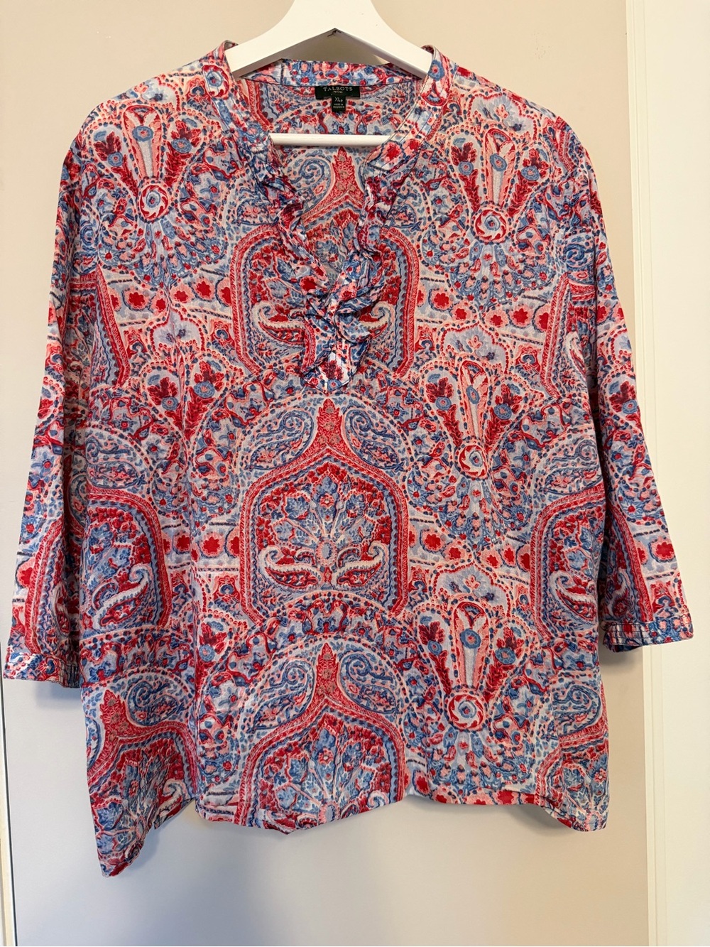 Talbots Red & Blue Paisley Ruffle-Neck Top